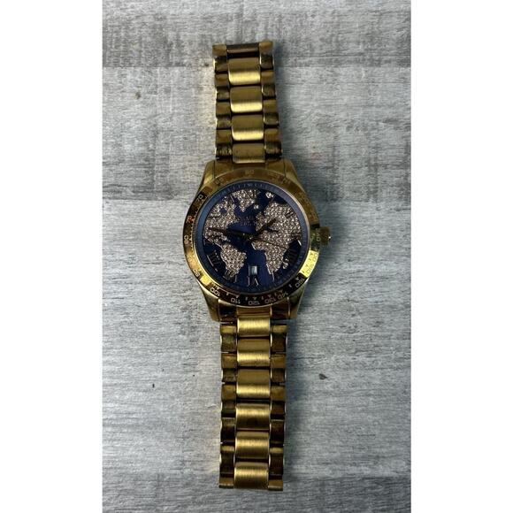 Michael Kors Men’s Watch Rise Gold Black Face Jeweled Map Roman Numerals - Picture 1 of 9